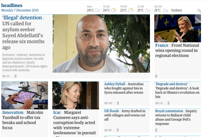 Front page of the Guardian Australia website. 