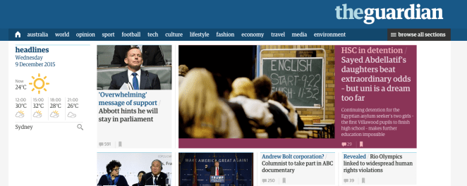 Front page of the Guardian Australia site.