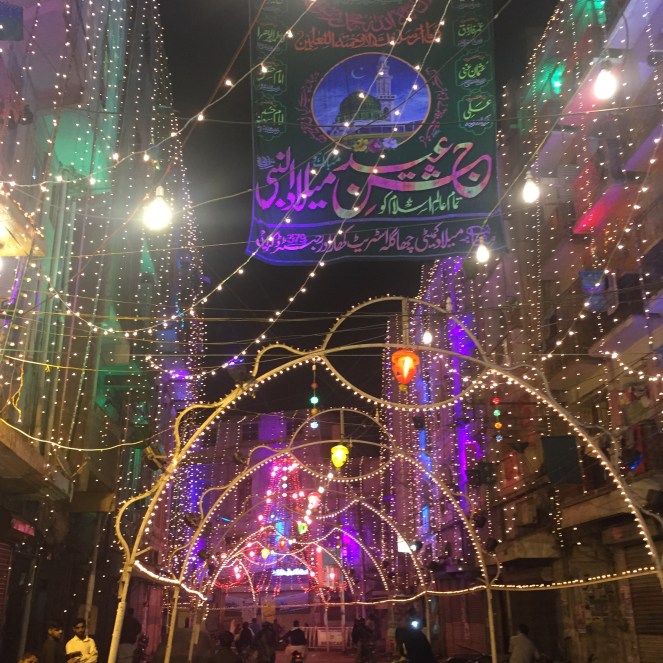 Karachi lit up at night for the Prophet's birthday on the 12th day of Rabi'ul Awaal.