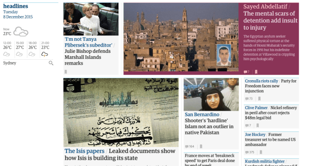 Front page of the Guardian Australia site.